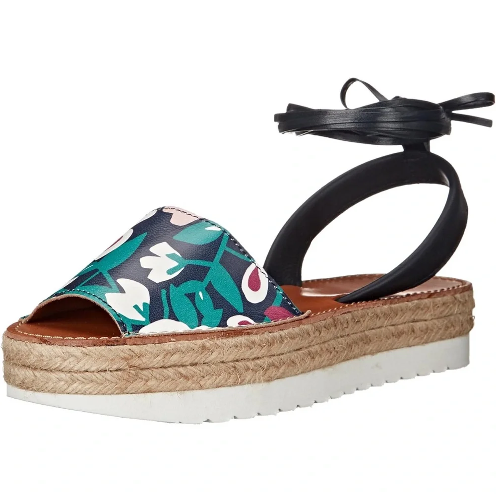 Delman Floral Espadrille Platform Sandals | Ankle Tie | Size 8